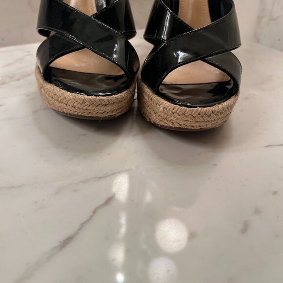 Arlene Black High Platform Heel Sandal | SCHUTZ Schutz Black Patent Leather Espadrille Wedge Sandals Size 6 Platform Heel
